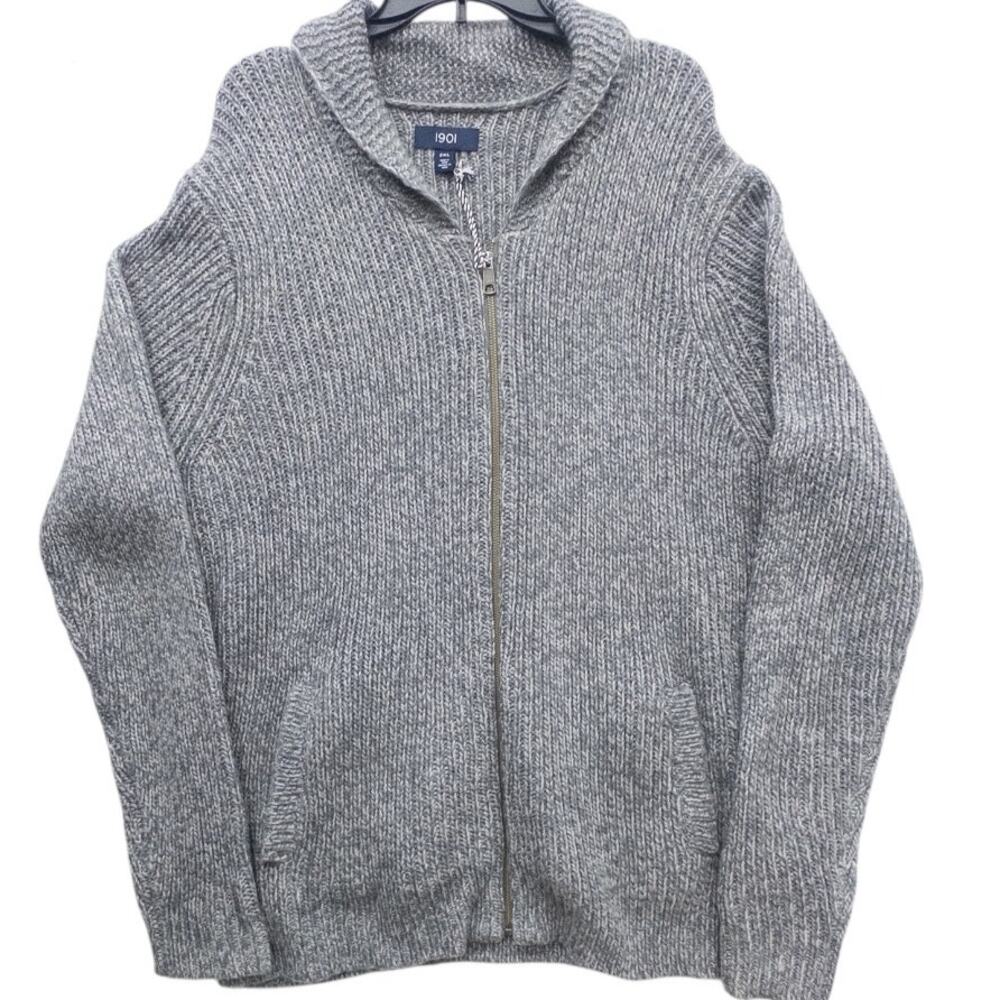 1901 Chunky Ribbed Full Zip Cardigan Sweater Men 2XL Gray Mohair Wool Blend